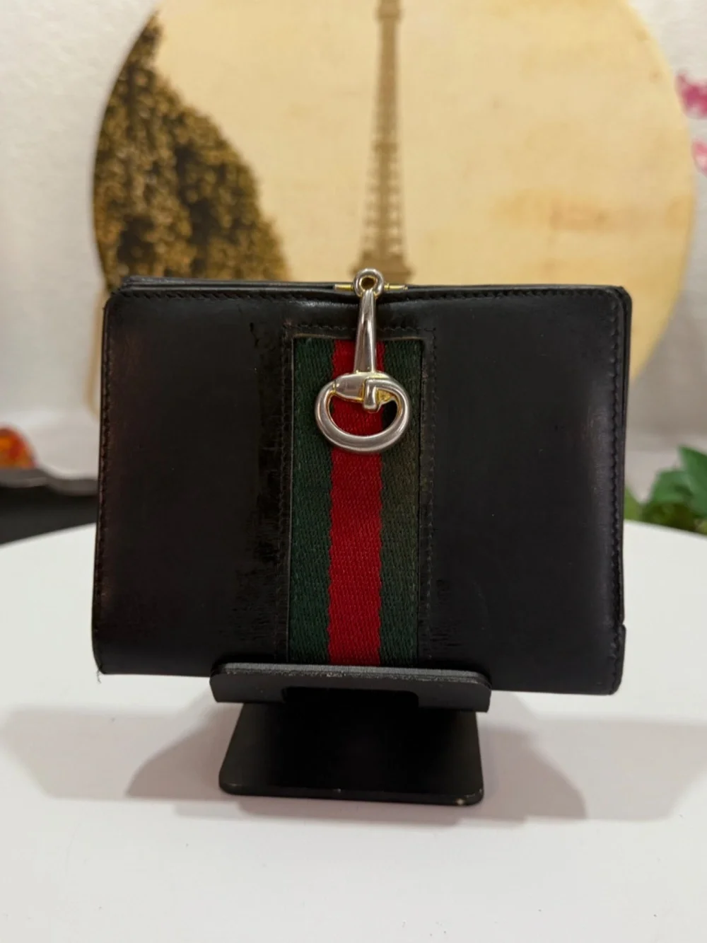 FASHIONABLE GUCCI BLACK LEATHER GREEN & RED WEB STRIPED HORSE-BIT WALLET! - Picture 5 of 17